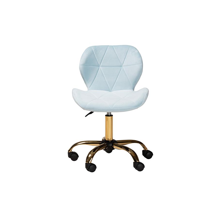 Glam and Luxe Aqua Velvet Fabric and Gold Metal Swivel Office Chair. Picture 2