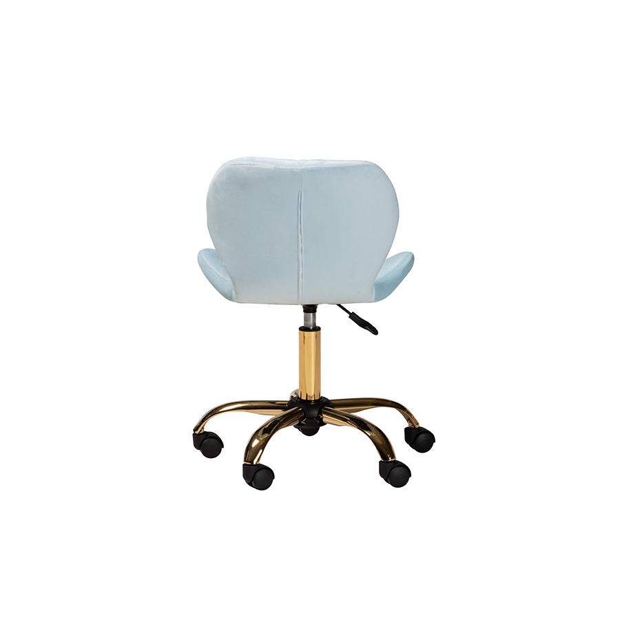 Glam and Luxe Aqua Velvet Fabric and Gold Metal Swivel Office Chair. Picture 4