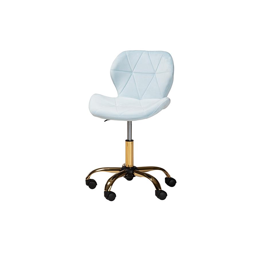 Glam and Luxe Aqua Velvet Fabric and Gold Metal Swivel Office Chair. Picture 5
