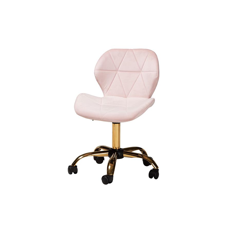 Glam and Luxe Blush Pink Velvet Fabric and Gold Metal Swivel Office Chair. Picture 1