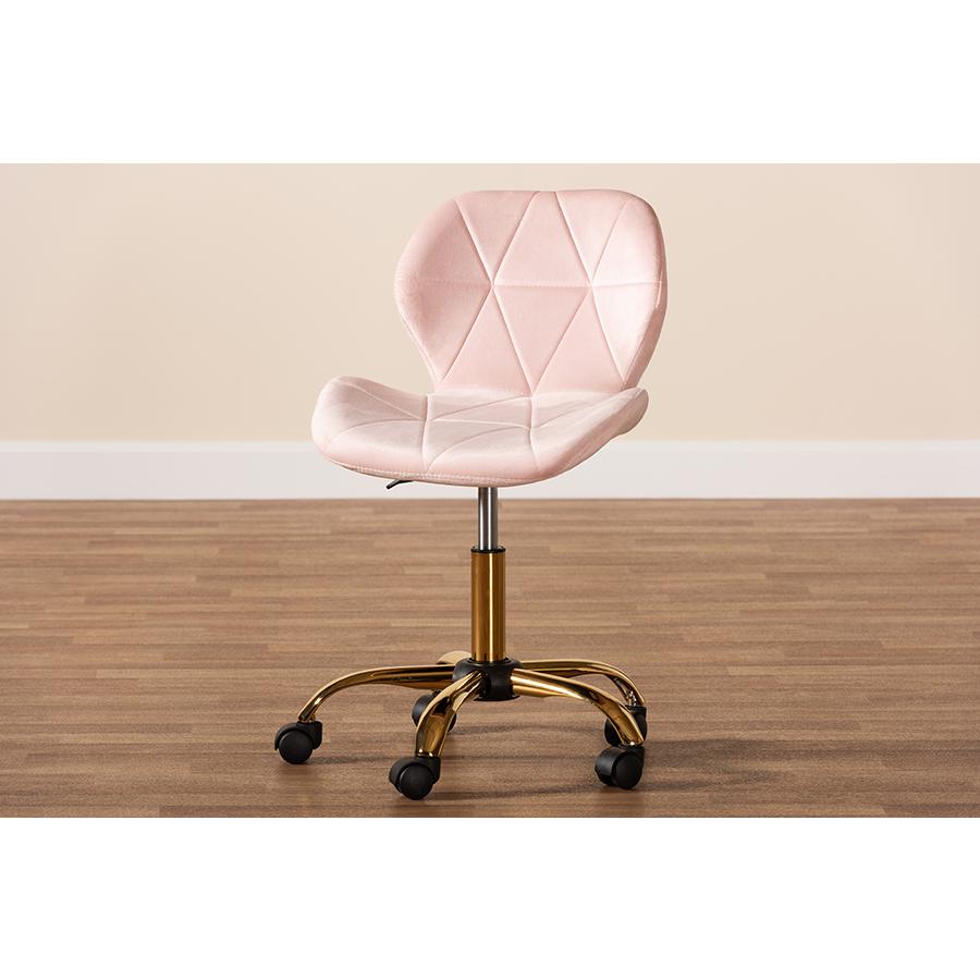 Glam and Luxe Blush Pink Velvet Fabric and Gold Metal Swivel Office Chair. Picture 11