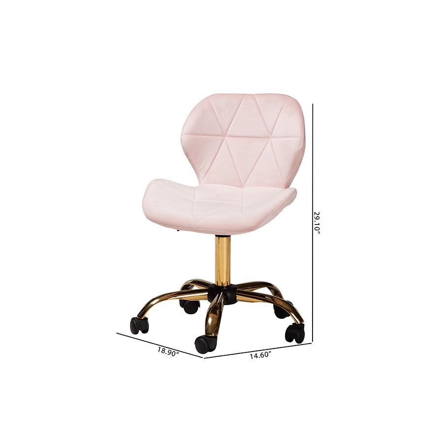 Glam and Luxe Blush Pink Velvet Fabric and Gold Metal Swivel Office Chair. Picture 12