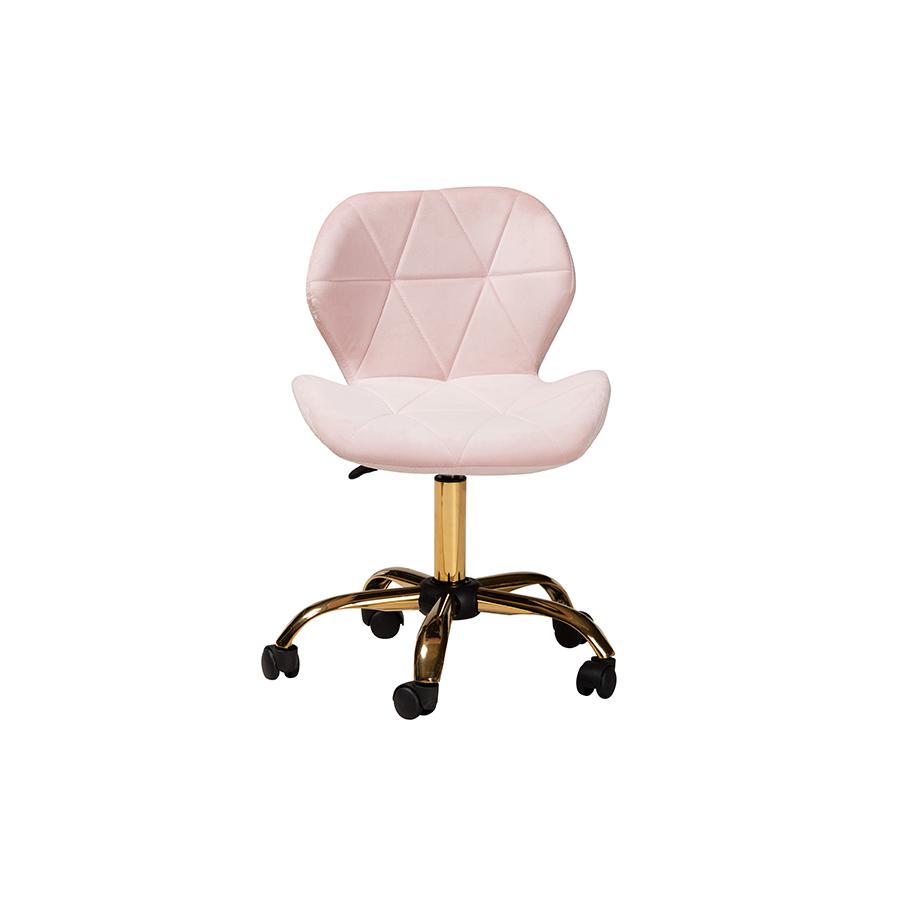 Glam and Luxe Blush Pink Velvet Fabric and Gold Metal Swivel Office Chair. Picture 2