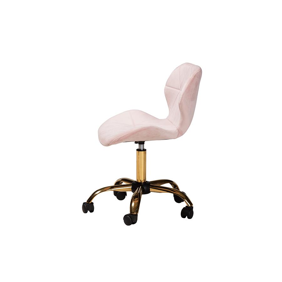 Glam and Luxe Blush Pink Velvet Fabric and Gold Metal Swivel Office Chair. Picture 3