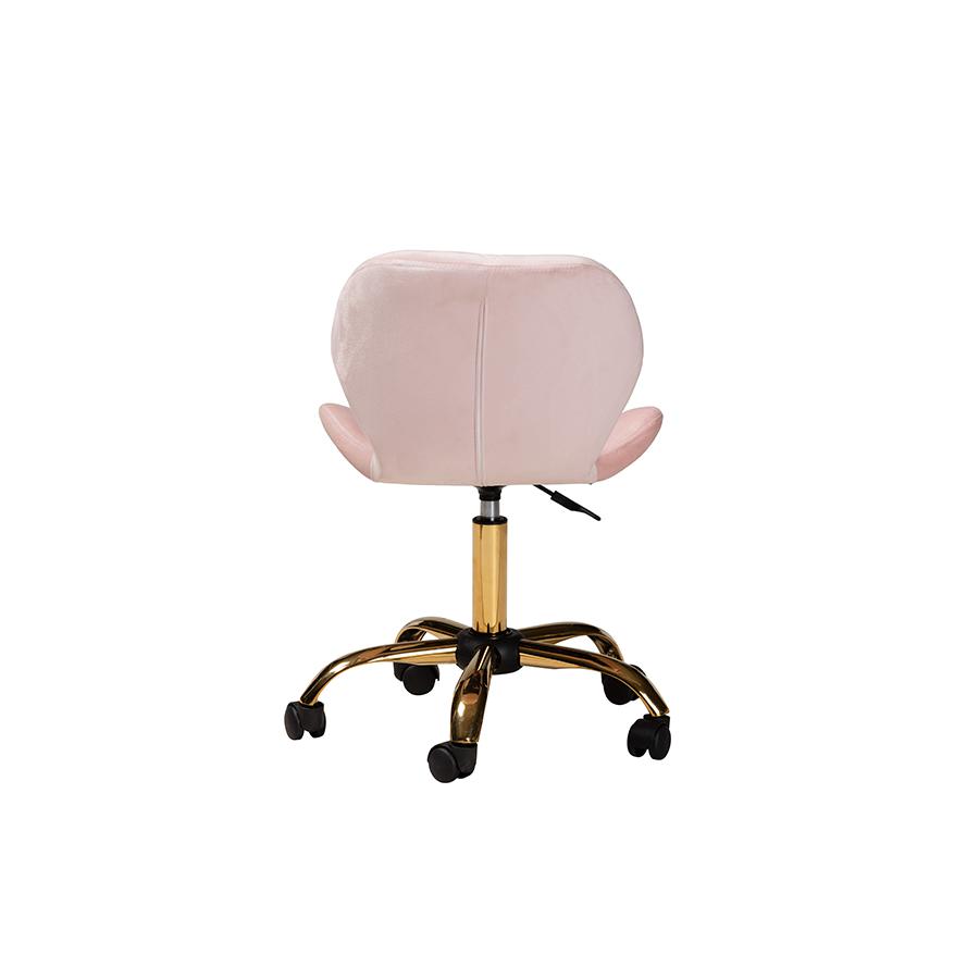 Glam and Luxe Blush Pink Velvet Fabric and Gold Metal Swivel Office Chair. Picture 4