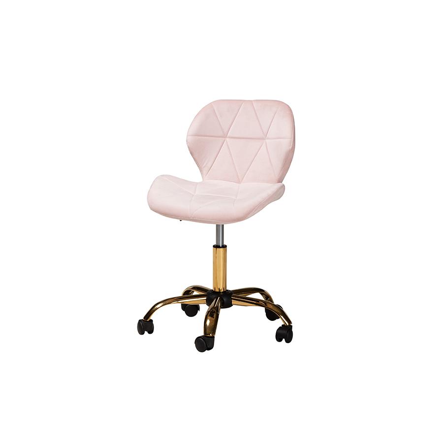 Glam and Luxe Blush Pink Velvet Fabric and Gold Metal Swivel Office Chair. Picture 5