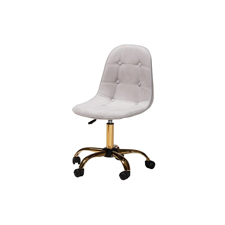 Glam and Luxe Grey Velvet Fabric and Gold Metal Swivel Office chair. Picture 1