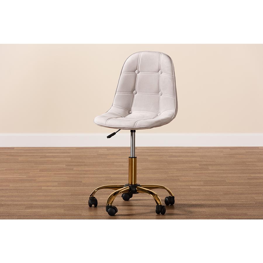 Glam and Luxe Grey Velvet Fabric and Gold Metal Swivel Office chair. Picture 11
