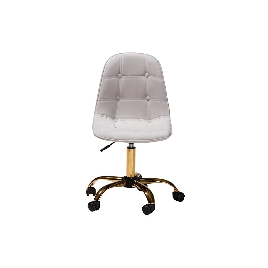 Glam and Luxe Grey Velvet Fabric and Gold Metal Swivel Office chair. Picture 2