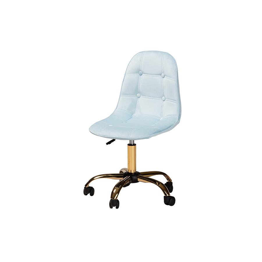 Glam and Luxe Aqua Velvet Fabric and Gold Metal Swivel Office chair. Picture 1