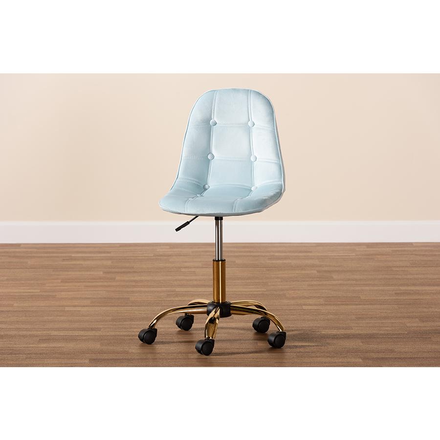 Glam and Luxe Aqua Velvet Fabric and Gold Metal Swivel Office chair. Picture 11