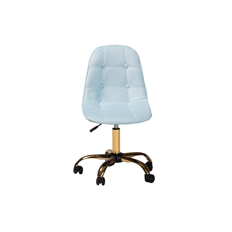 Glam and Luxe Aqua Velvet Fabric and Gold Metal Swivel Office chair. Picture 2