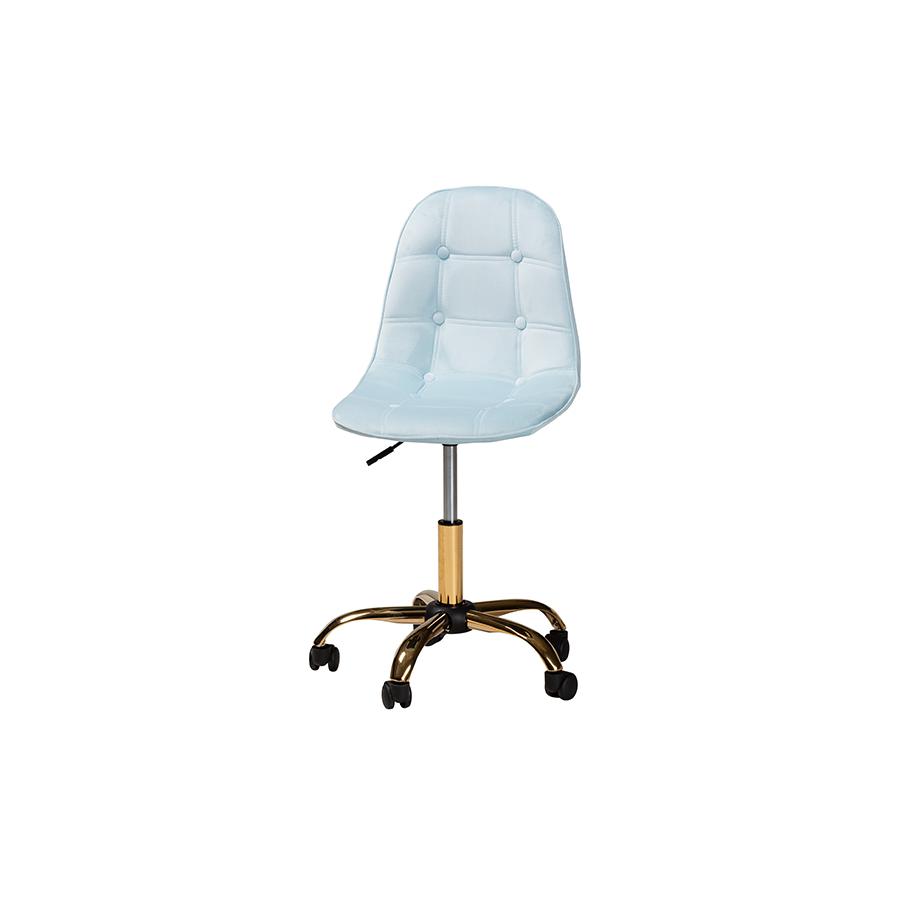 Glam and Luxe Aqua Velvet Fabric and Gold Metal Swivel Office chair. Picture 5