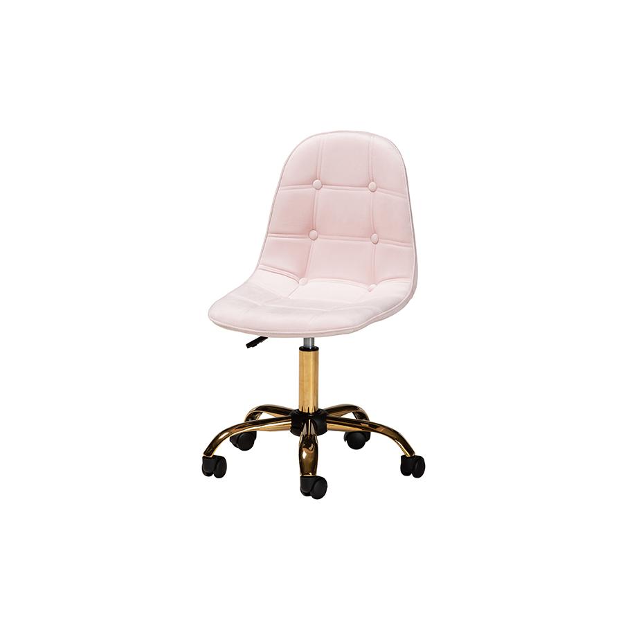 Glam and Luxe Blush Pink Velvet Fabric and Gold Metal Swivel Office chair. Picture 1