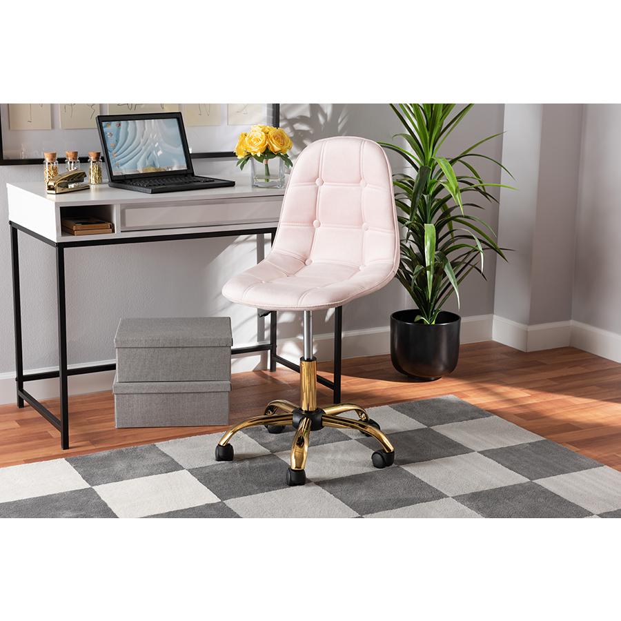 Glam and Luxe Blush Pink Velvet Fabric and Gold Metal Swivel Office chair. Picture 10