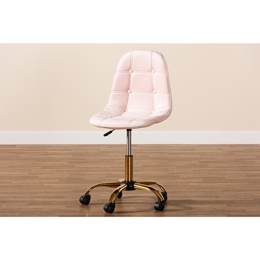 Glam and Luxe Blush Pink Velvet Fabric and Gold Metal Swivel Office chair. Picture 11