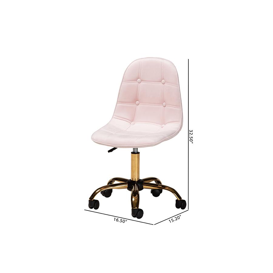 Glam and Luxe Blush Pink Velvet Fabric and Gold Metal Swivel Office chair. Picture 12