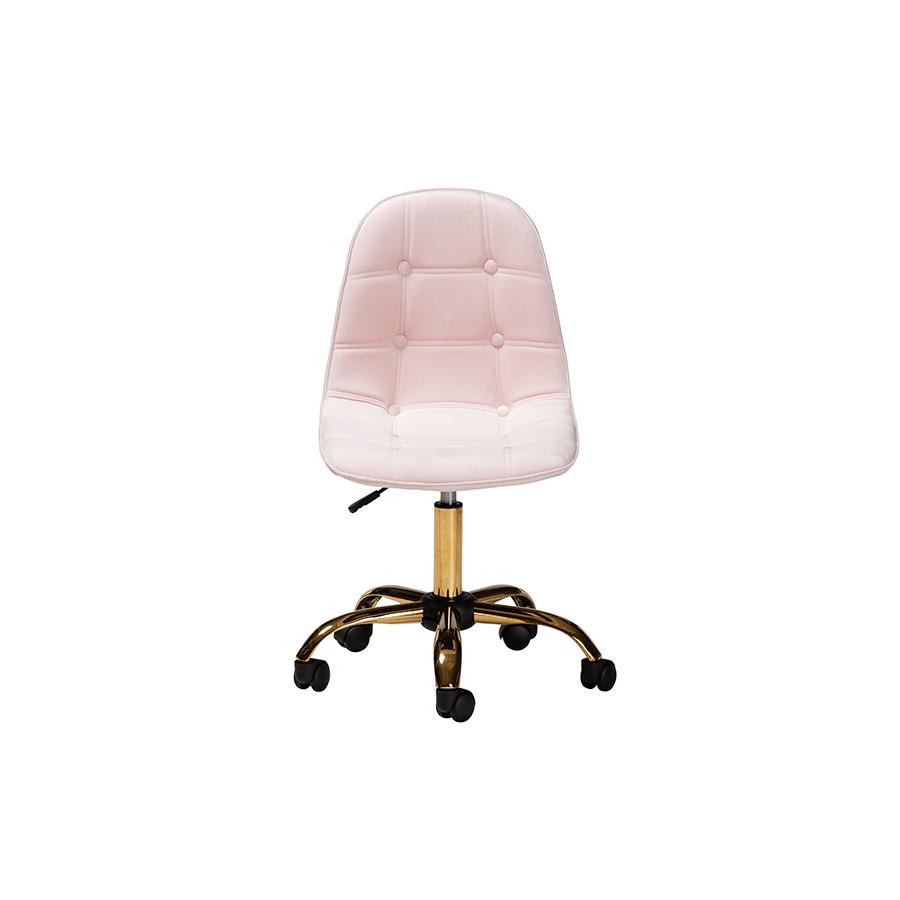 Glam and Luxe Blush Pink Velvet Fabric and Gold Metal Swivel Office chair. Picture 2