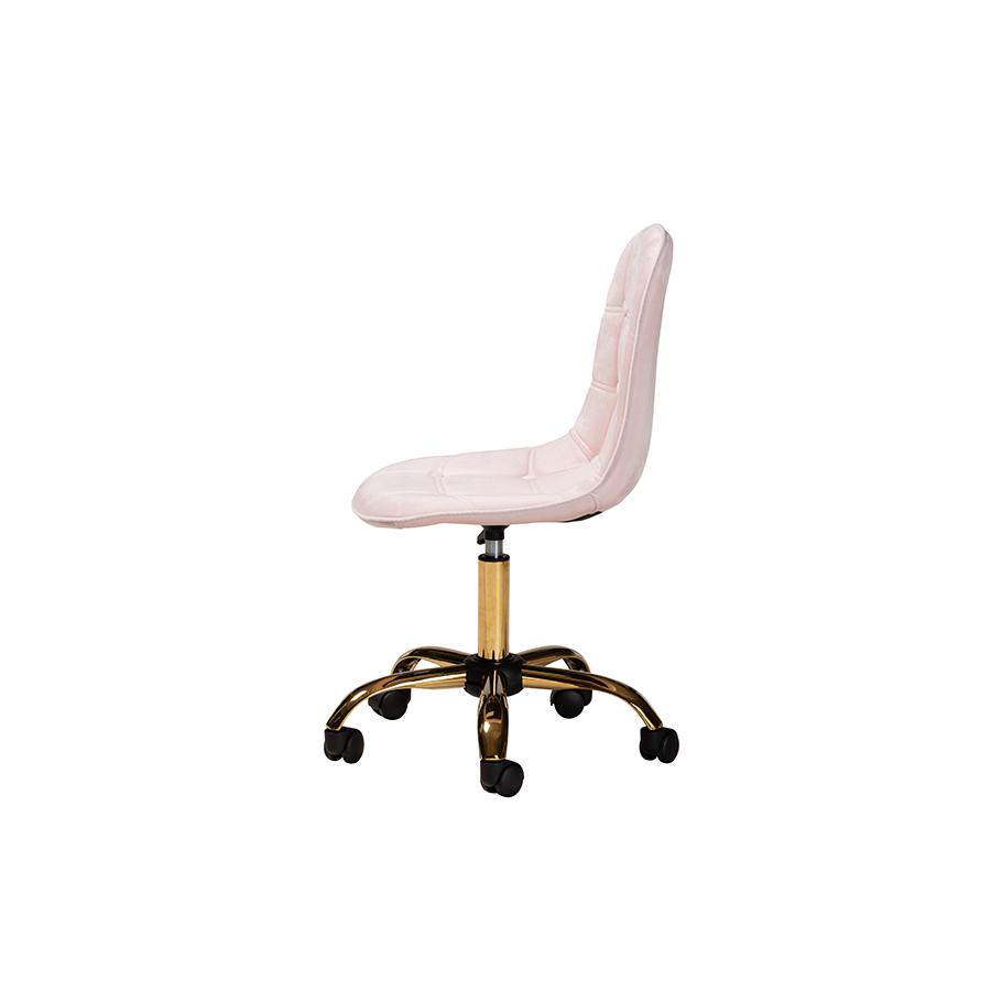 Glam and Luxe Blush Pink Velvet Fabric and Gold Metal Swivel Office chair. Picture 3
