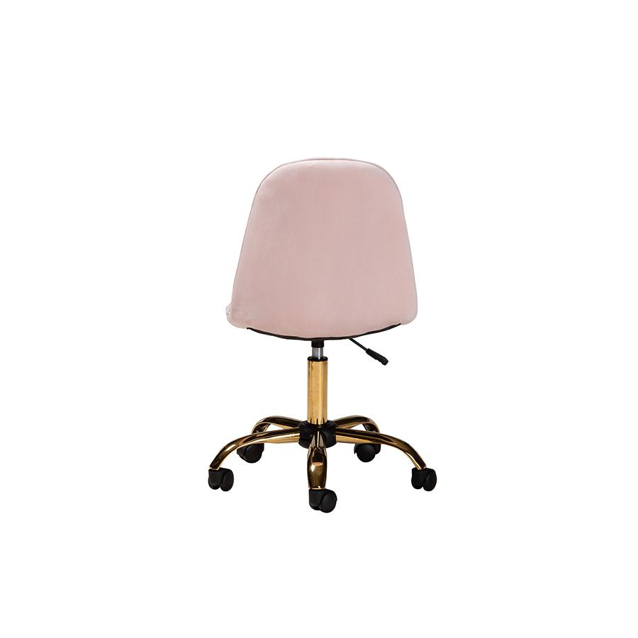 Glam and Luxe Blush Pink Velvet Fabric and Gold Metal Swivel Office chair. Picture 4