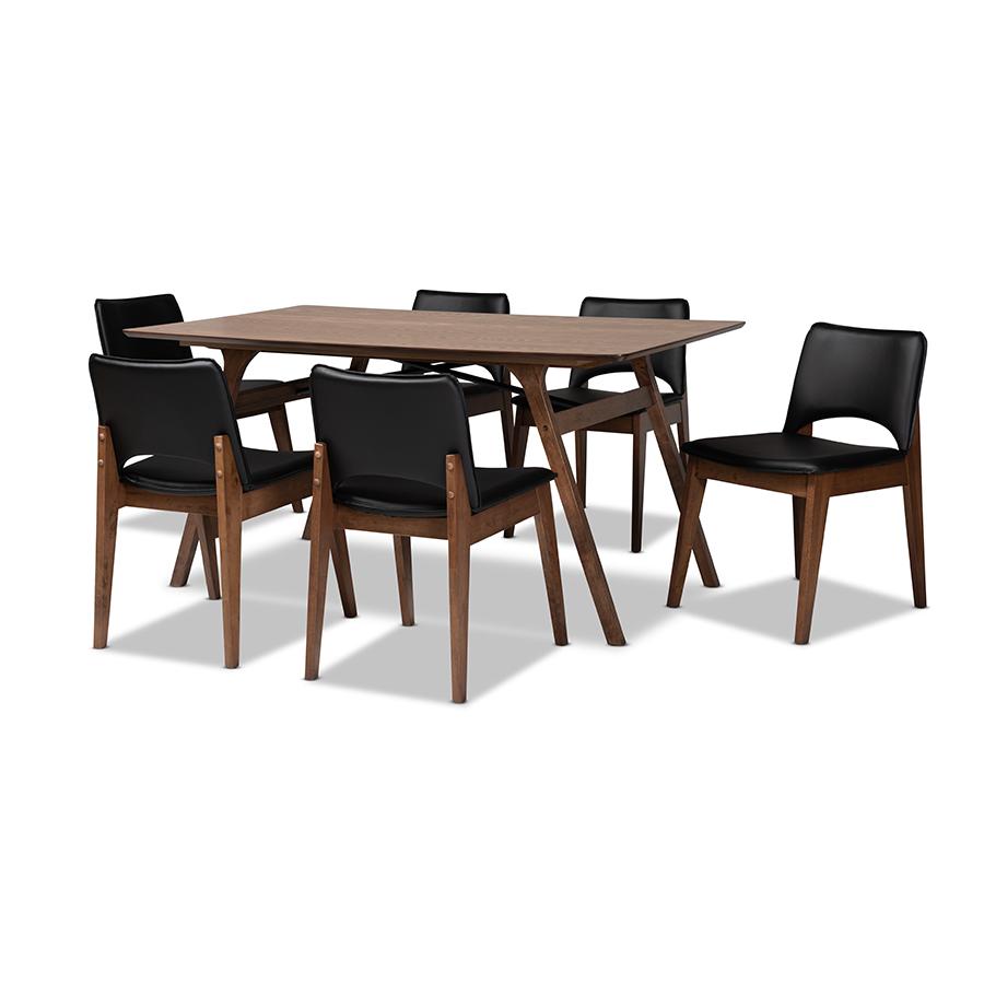Leather Upholstered and Walnut Brown Finished Wood 7-Piece Dining Set. Picture 1