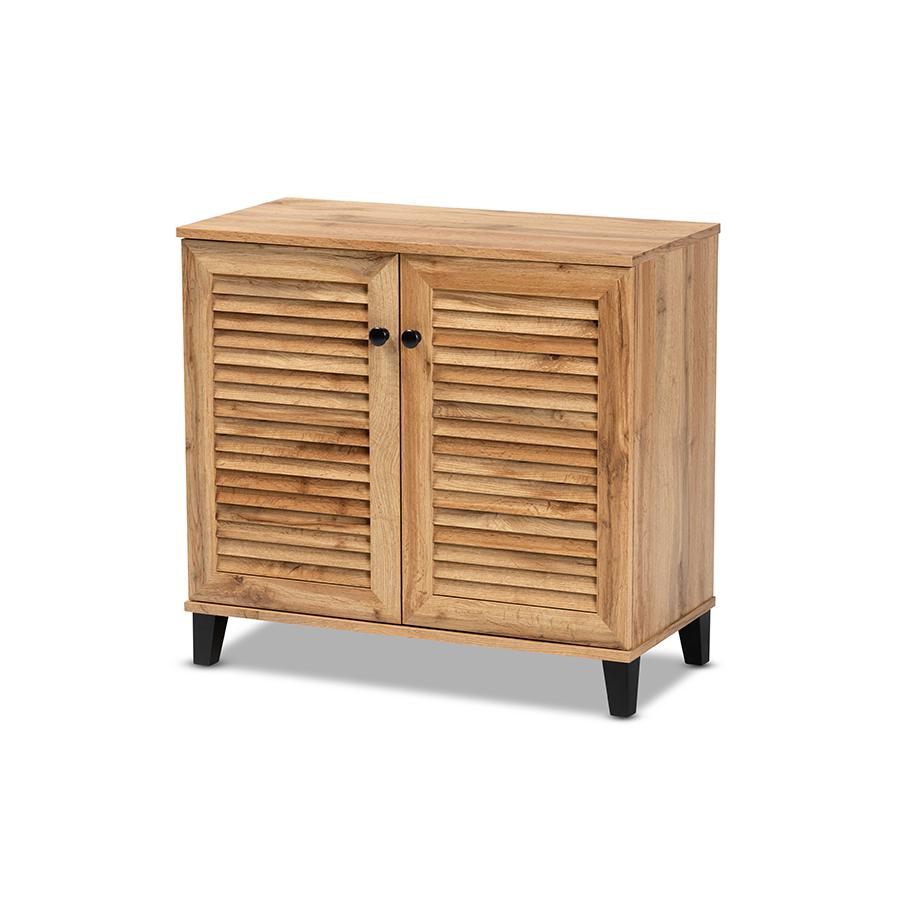 Oak Brown Finished Wood 2-Door Shoe Storage Cabinet. Picture 1