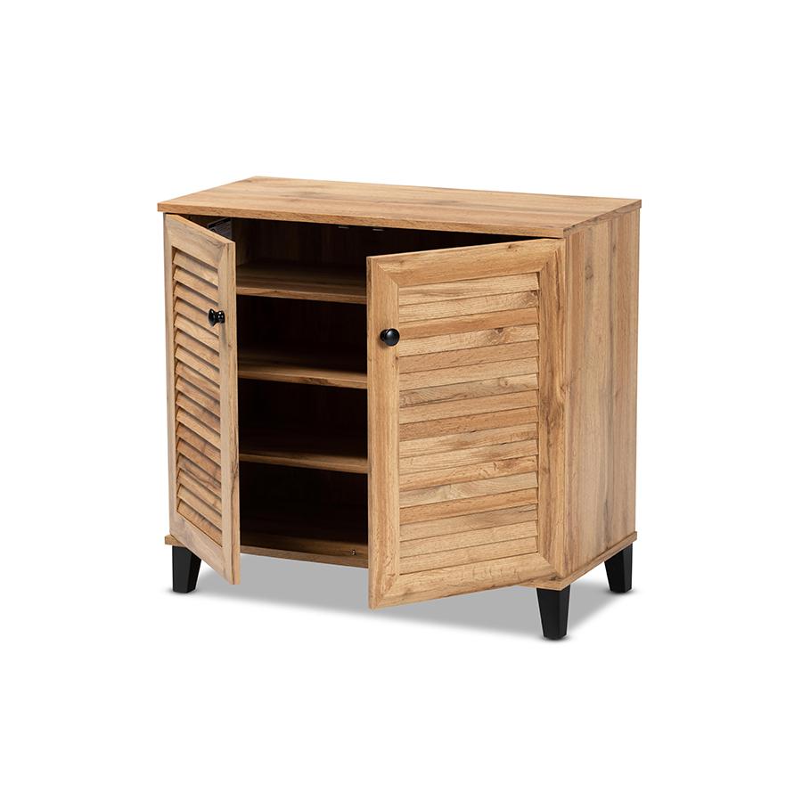 Oak Brown Finished Wood 2-Door Shoe Storage Cabinet. Picture 2