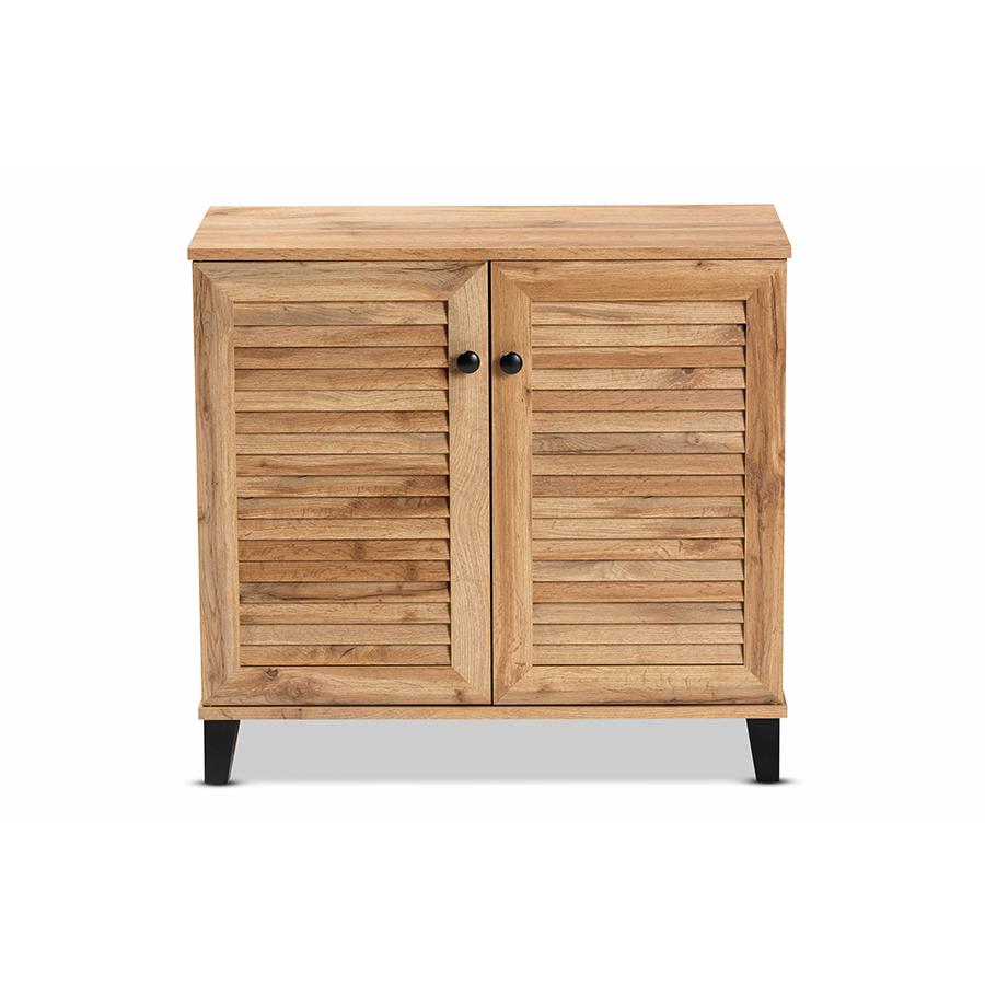 Oak Brown Finished Wood 2-Door Shoe Storage Cabinet. Picture 3