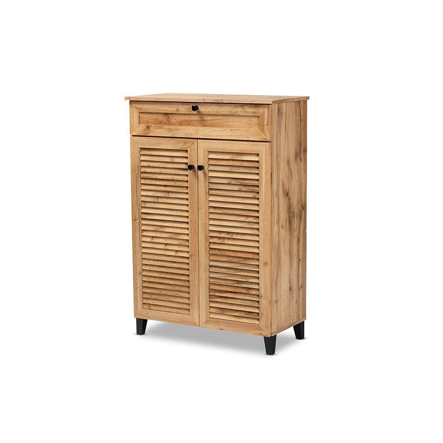 Oak Brown Finished Wood 5-Shelf Shoe Storage Cabinet. Picture 1