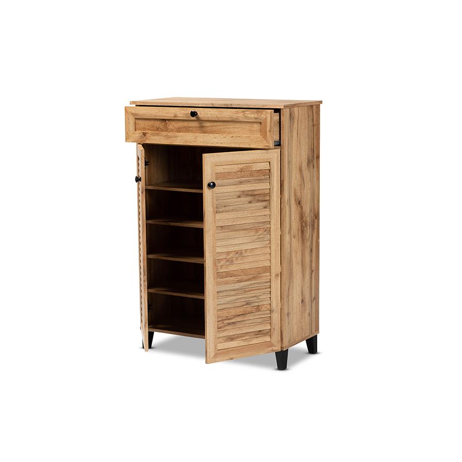 Oak Brown Finished Wood 5-Shelf Shoe Storage Cabinet. Picture 2