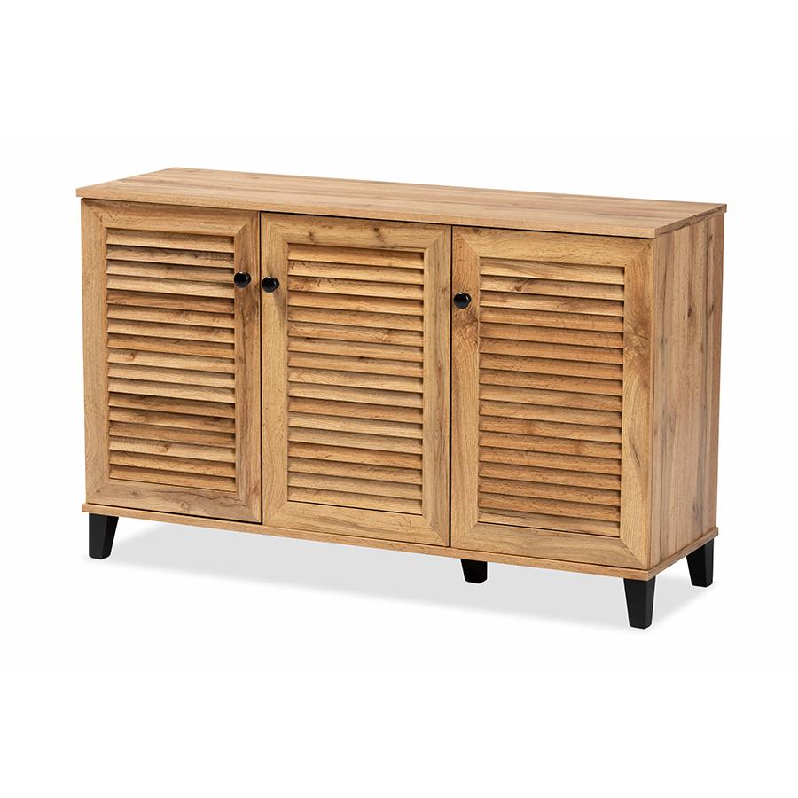Oak Brown Finished Wood 3-Door Shoe Storage Cabinet. Picture 1