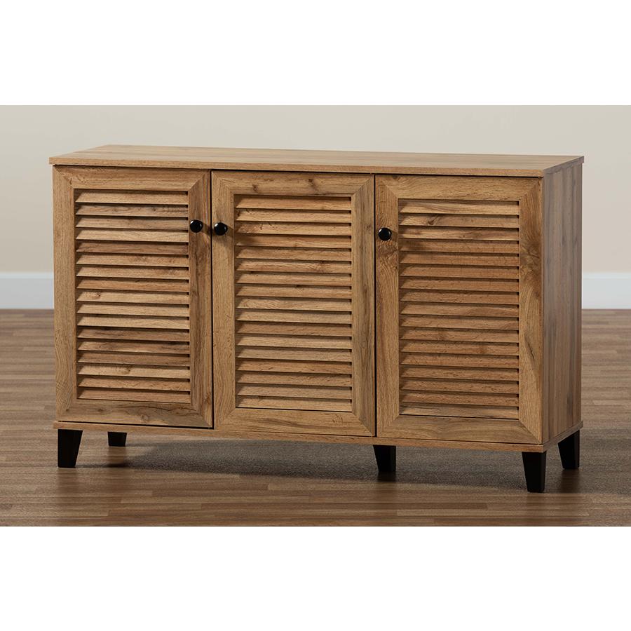 Oak Brown Finished Wood 3-Door Shoe Storage Cabinet. Picture 10