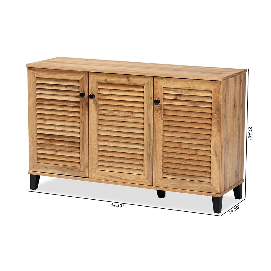 Oak Brown Finished Wood 3-Door Shoe Storage Cabinet. Picture 11