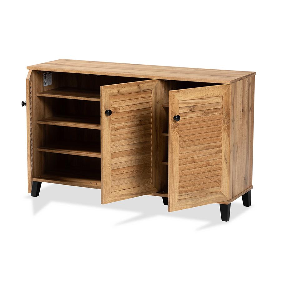 Oak Brown Finished Wood 3-Door Shoe Storage Cabinet. Picture 2