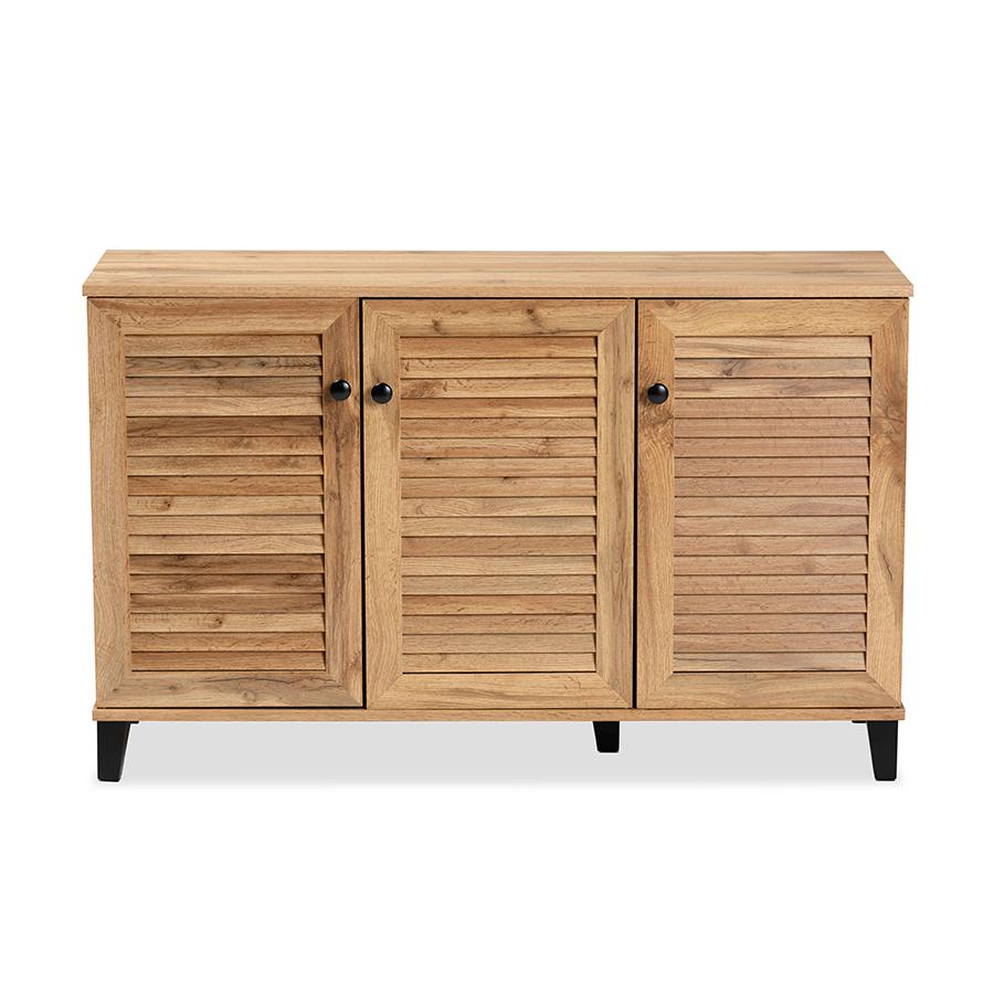 Oak Brown Finished Wood 3-Door Shoe Storage Cabinet. Picture 3