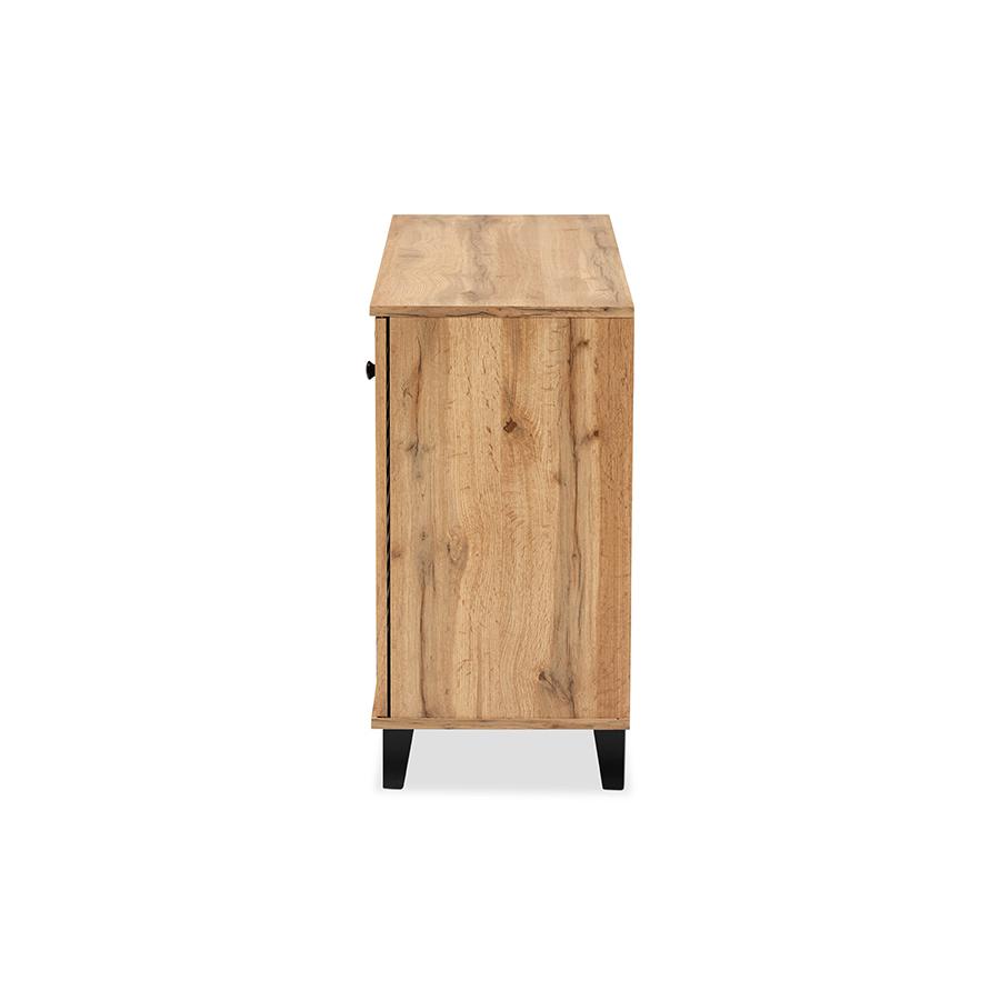 Oak Brown Finished Wood 3-Door Shoe Storage Cabinet. Picture 4