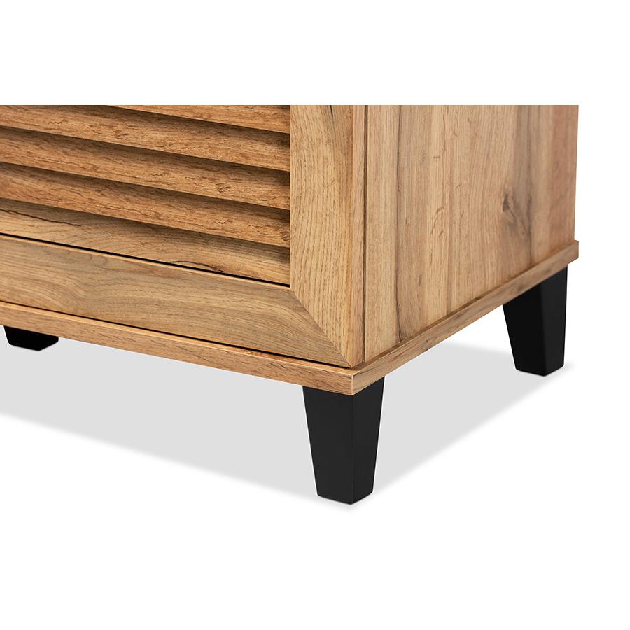 Oak Brown Finished Wood 3-Door Shoe Storage Cabinet. Picture 6