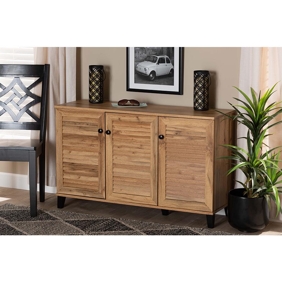 Oak Brown Finished Wood 3-Door Shoe Storage Cabinet. Picture 8