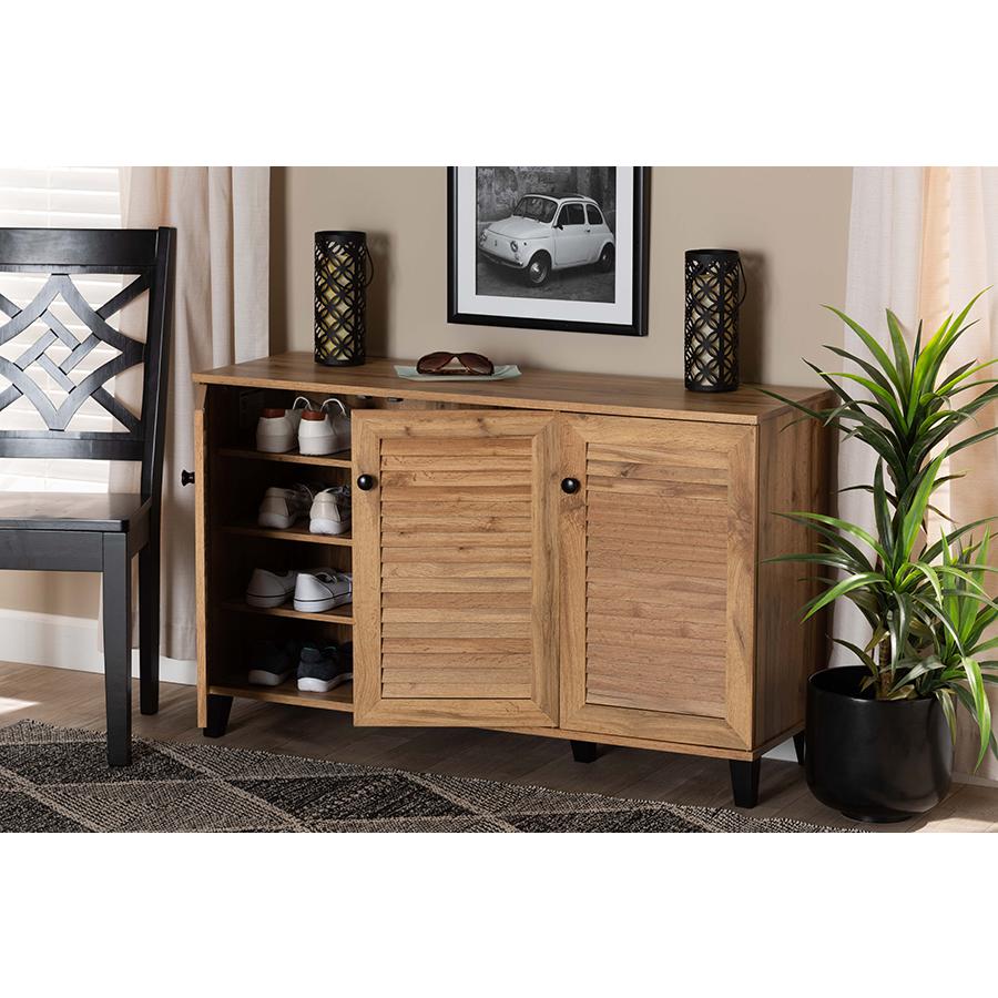 Oak Brown Finished Wood 3-Door Shoe Storage Cabinet. Picture 9