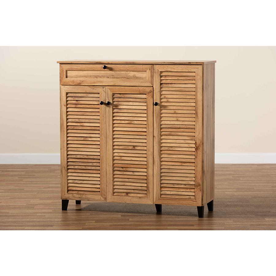 Oak Brown Finished Wood 3-Door Shoe Storage Cabinet with Drawer. Picture 10