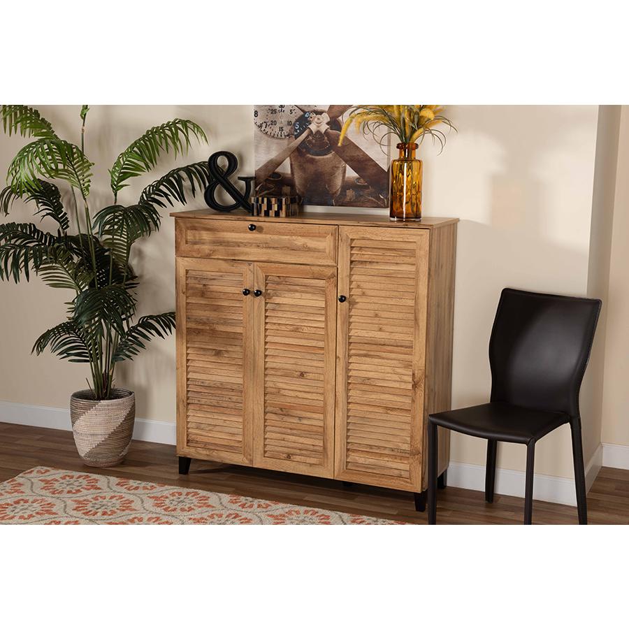 Oak Brown Finished Wood 3-Door Shoe Storage Cabinet with Drawer. Picture 8
