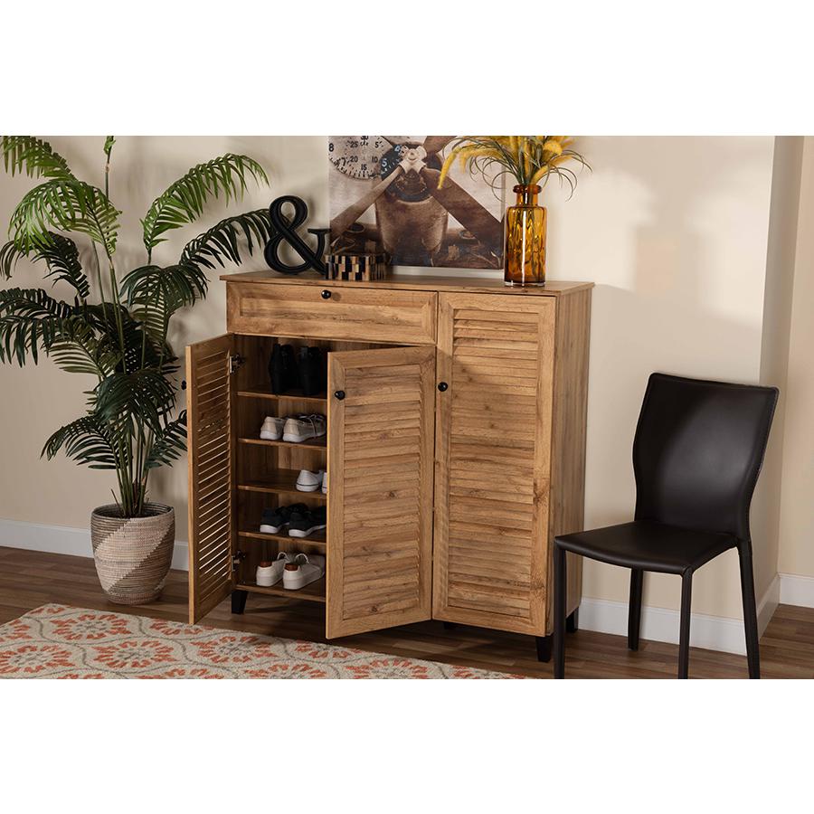 Oak Brown Finished Wood 3-Door Shoe Storage Cabinet with Drawer. Picture 9