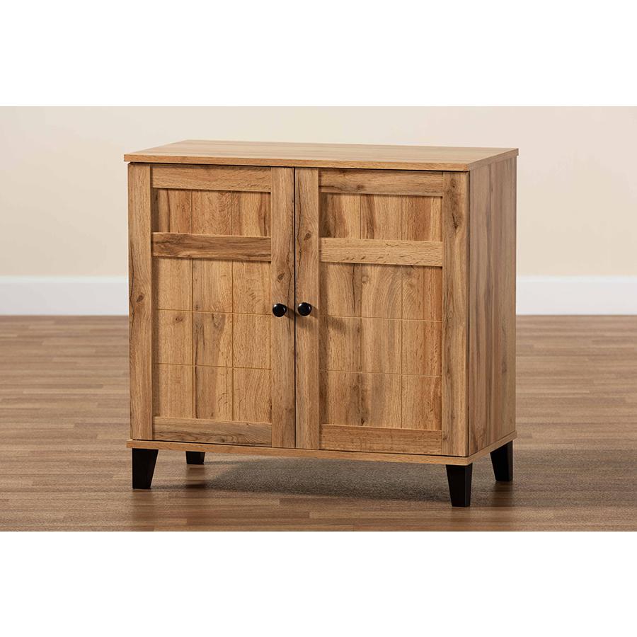 Oak Brown Finished Wood 2-Door Shoe Storage Cabinet. Picture 10
