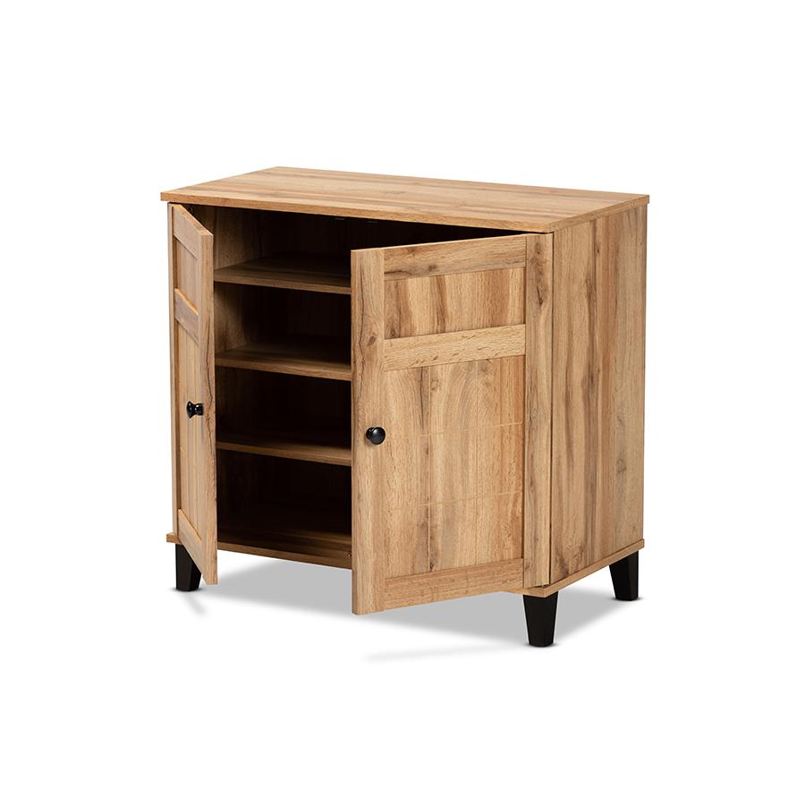 Oak Brown Finished Wood 2-Door Shoe Storage Cabinet. Picture 2