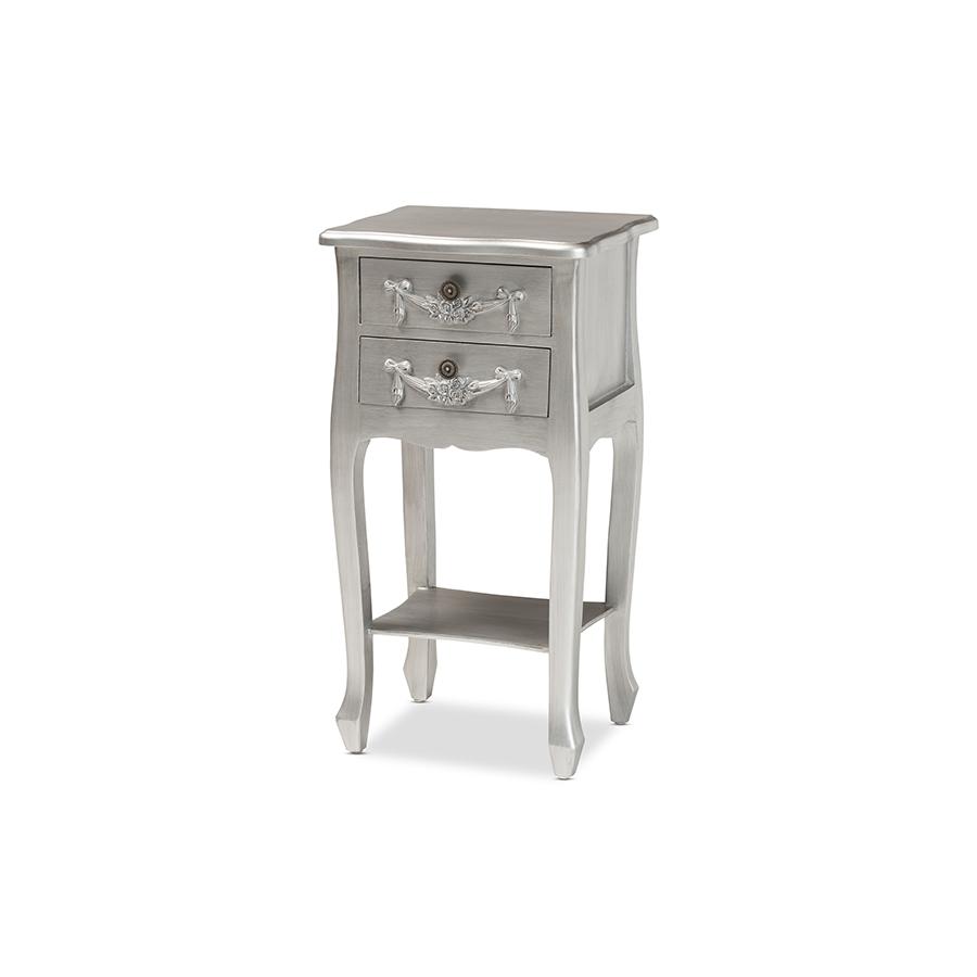 Baxton Studio Eliya Classic and Traditional Brushed Silver Finished Wood 2-Drawer Nightstand. Picture 1