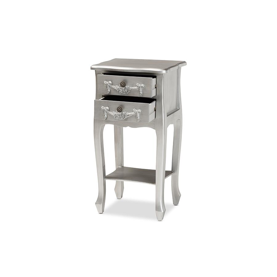 Baxton Studio Eliya Classic and Traditional Brushed Silver Finished Wood 2-Drawer Nightstand. Picture 2