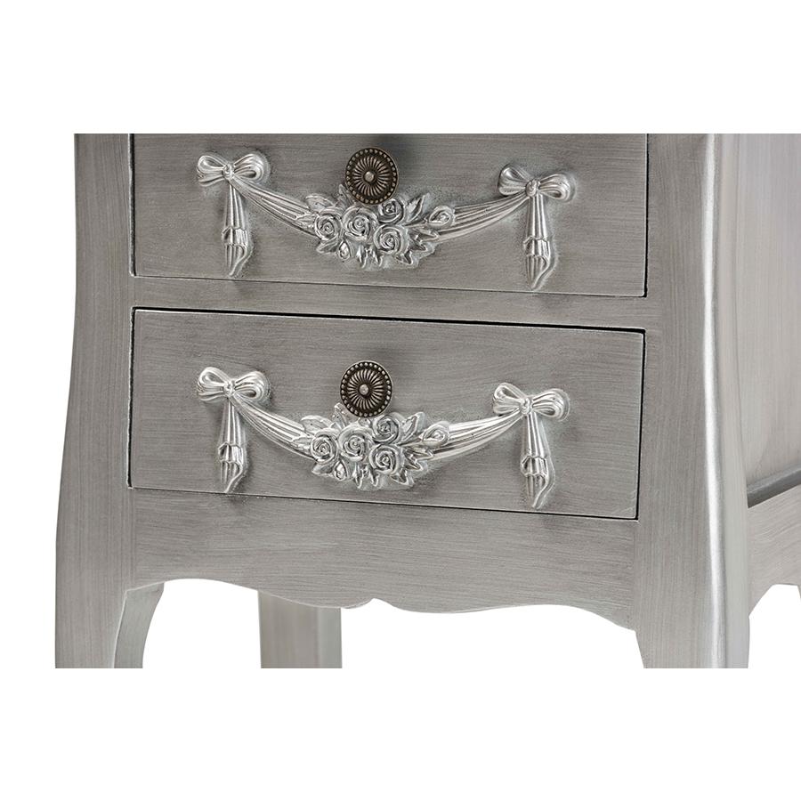 Baxton Studio Eliya Classic and Traditional Brushed Silver Finished Wood 2-Drawer Nightstand. Picture 5