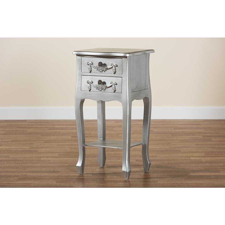 Baxton Studio Eliya Classic and Traditional Brushed Silver Finished Wood 2-Drawer Nightstand. Picture 9