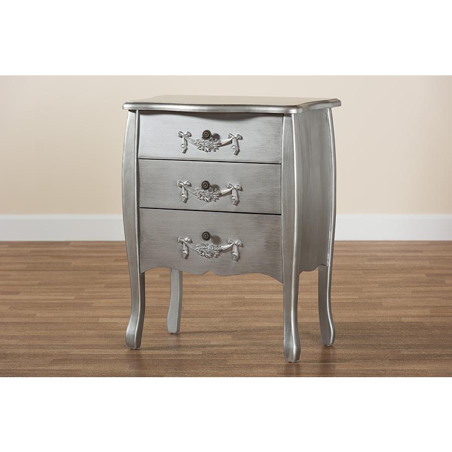 Traditional Brushed Silver Finished Wood 3-Drawer Storage Cabinet. Picture 9
