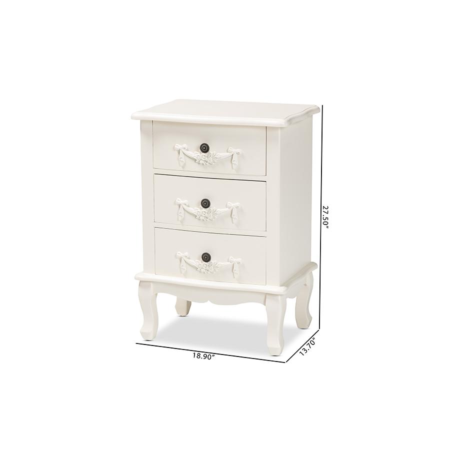 Baxton Studio Callen Classic and Traditional White Finished Wood 3-Drawer Nightstand. Picture 10